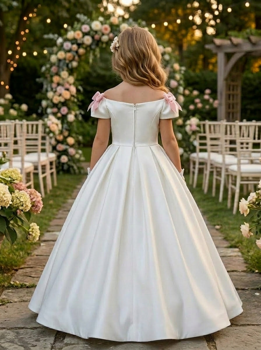 A-Line/Princess Off-the-Shoulder Sleeveless Floor-Length Flower Girl Dresses Satin With Bowknots Black