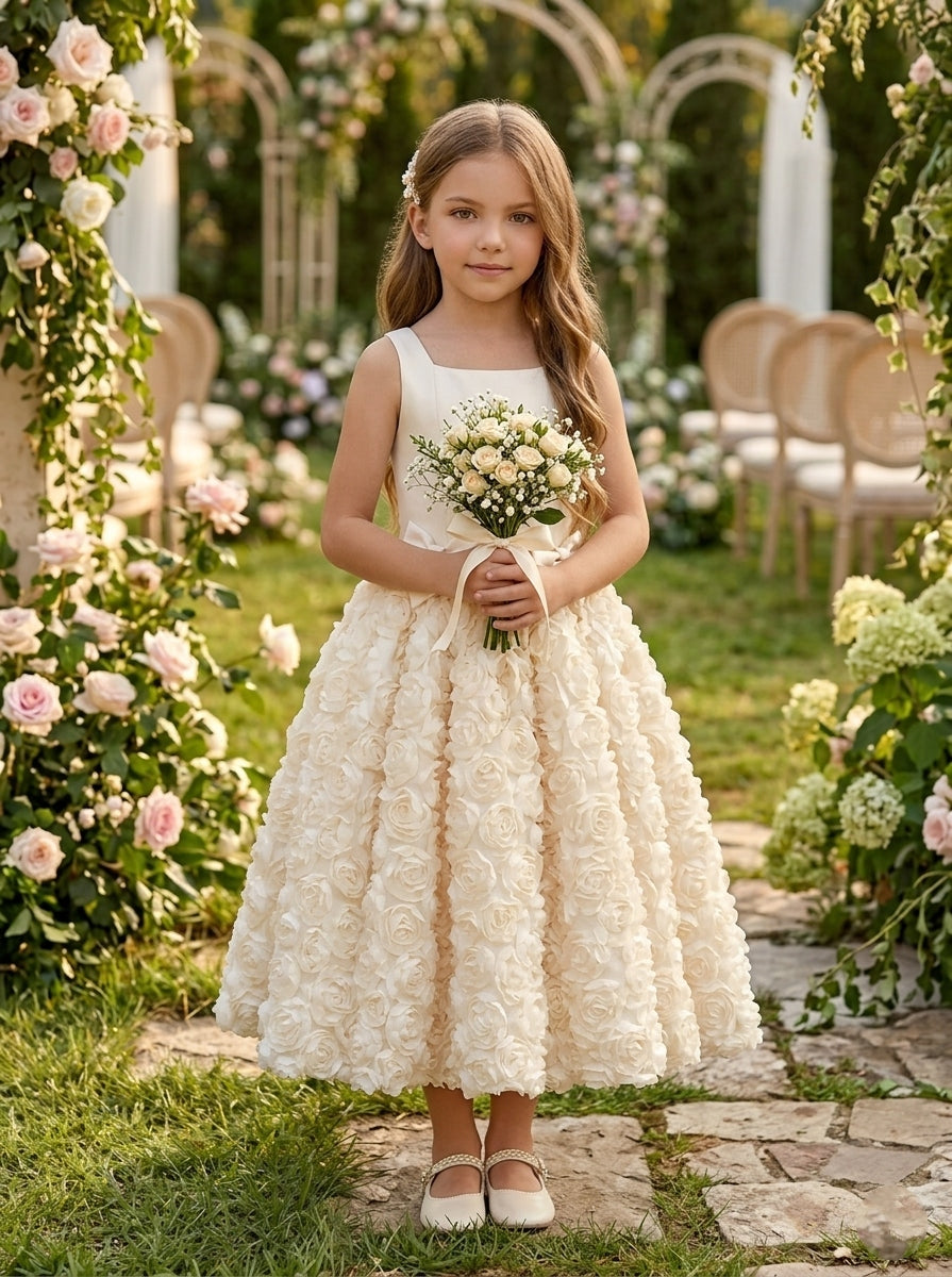 A-Line/Princess Square Neckline Sleeveless Ankle-Length Flower Girl Dresses Stretch Satin Floral With Bowknots Beige