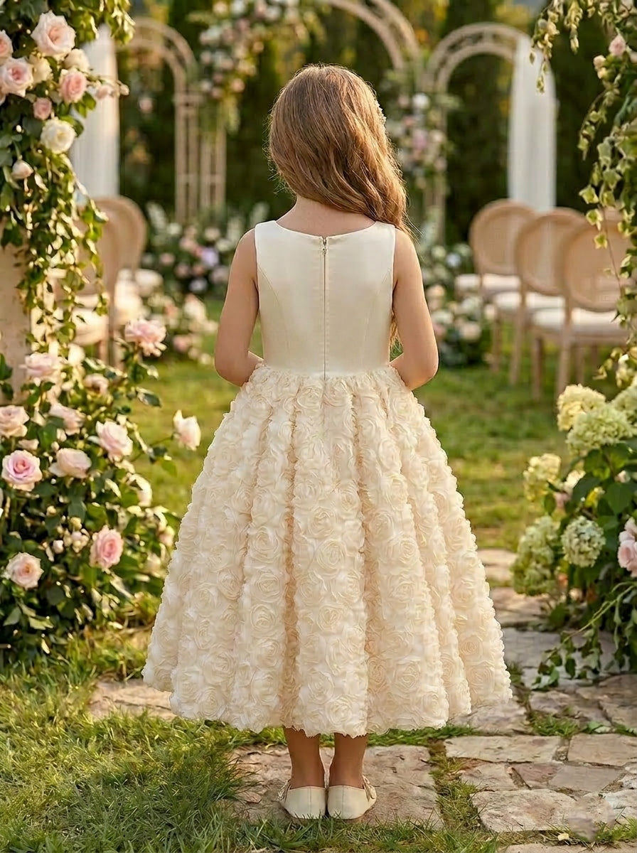 A-Line/Princess Square Neckline Sleeveless Ankle-Length Flower Girl Dresses Stretch Satin Floral With Bowknots White