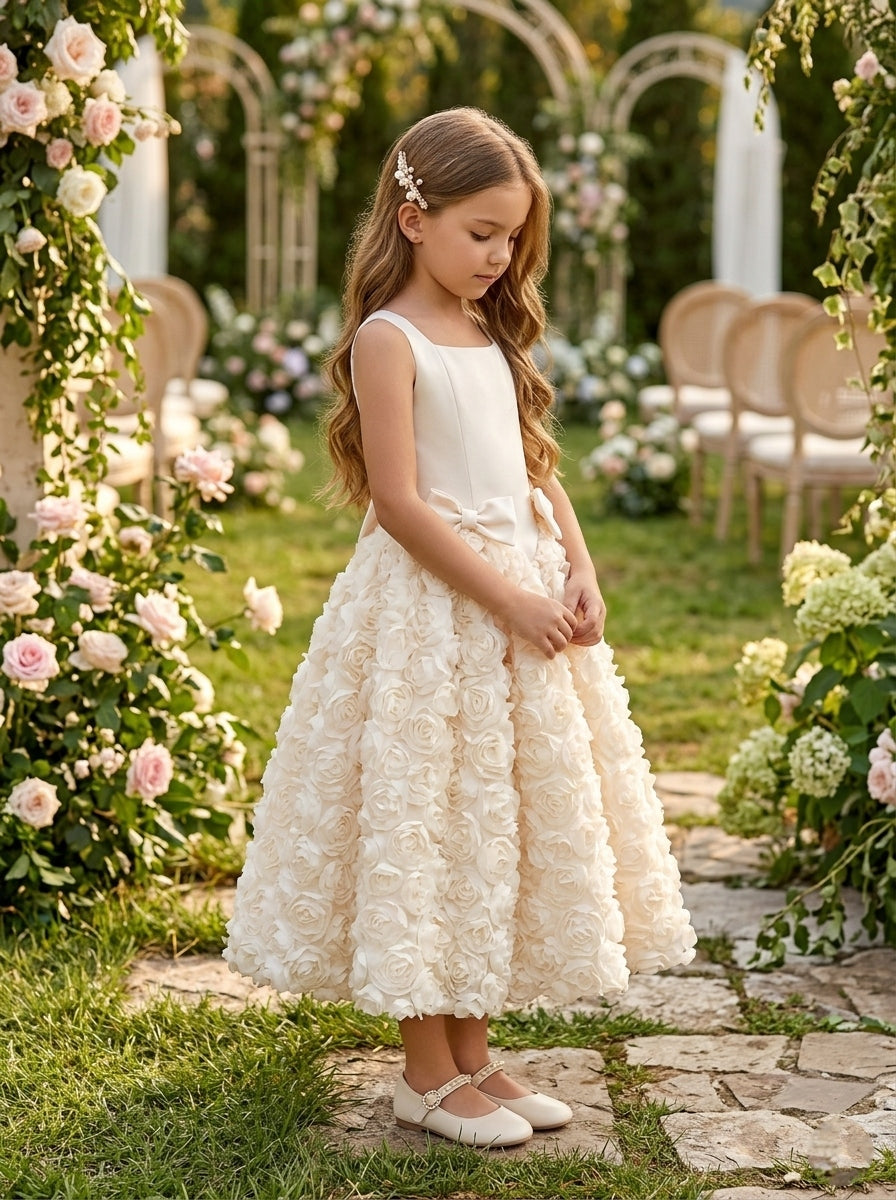 A-Line/Princess Square Neckline Sleeveless Ankle-Length Flower Girl Dresses Stretch Satin Floral With Bowknots Pink