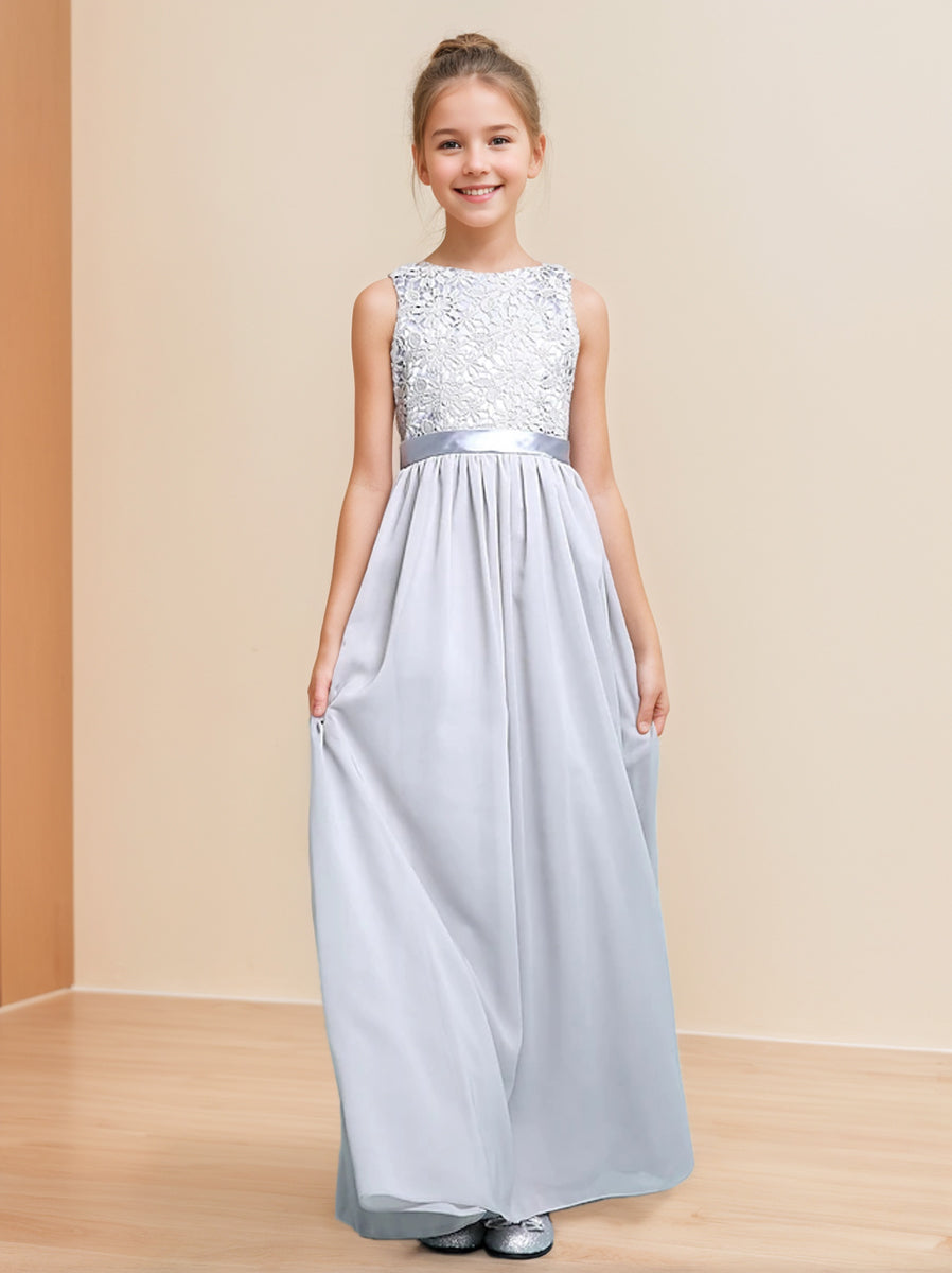A-Line/Princess Scoop Neck Sleeveless Junior Girl Bridesmaid Dresses with Lace Appliques Silver