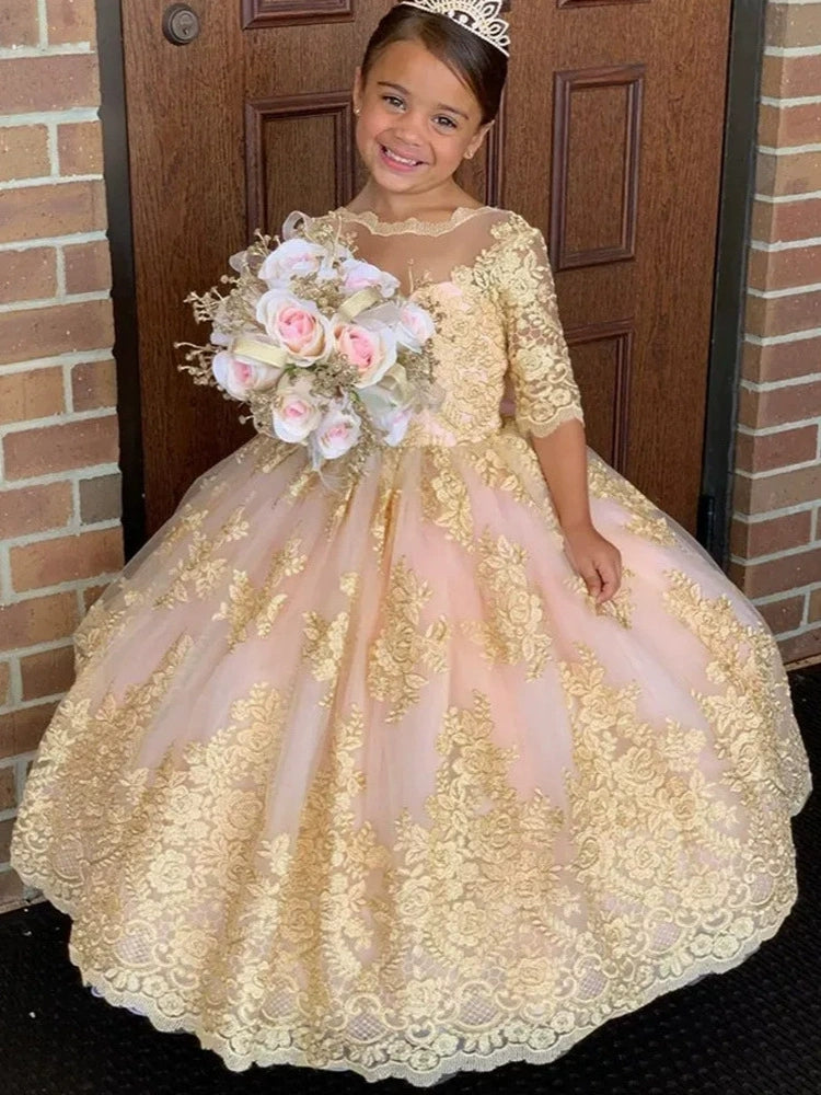 A-Line/Princess Scoop Lace Flower Girl Dresses Half Sleeves Floor-Length With Bowknot As Pic