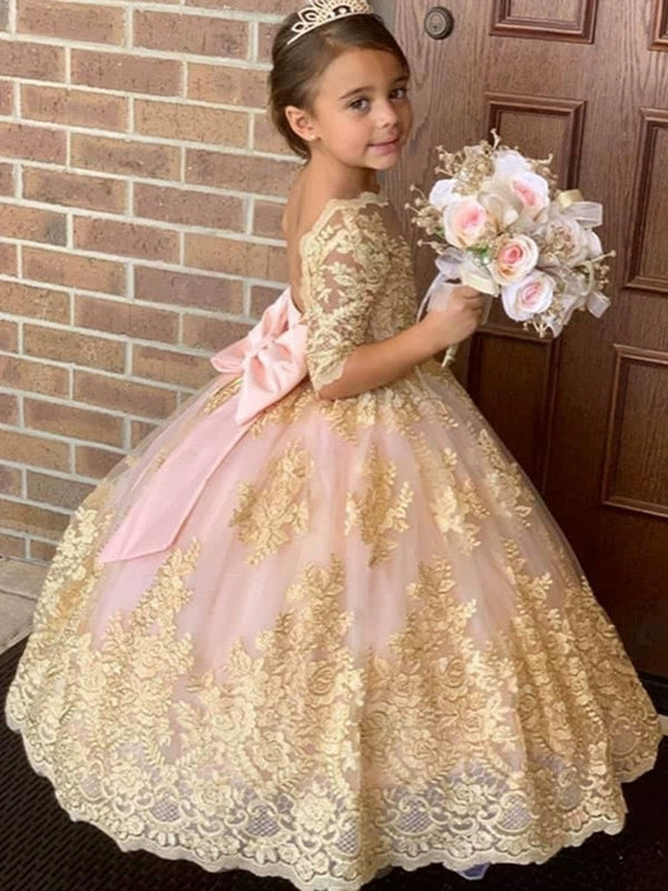 A-Line/Princess Scoop Lace Flower Girl Dresses Half Sleeves Floor-Length With Bowknot