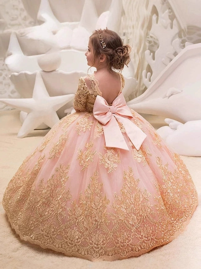 A-Line/Princess Scoop Lace Flower Girl Dresses Half Sleeves Floor-Length With Bowknot