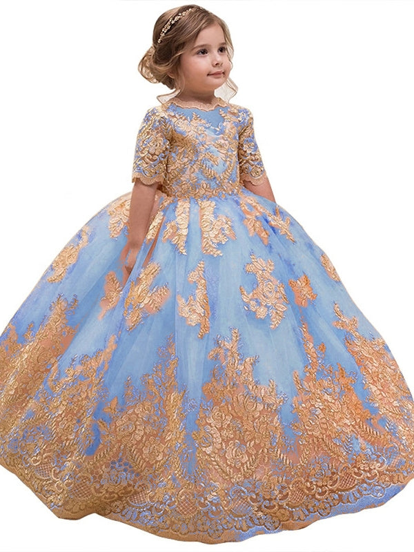 A-Line/Princess Scoop Lace Flower Girl Dresses Half Sleeves Floor-Length With Bowknot Blue
