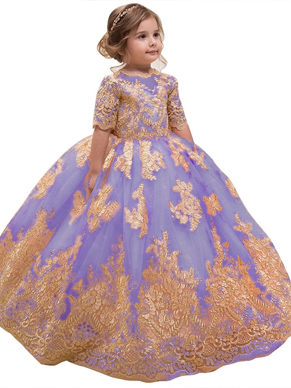 A-Line/Princess Scoop Lace Flower Girl Dresses Half Sleeves Floor-Length With Bowknot Purple