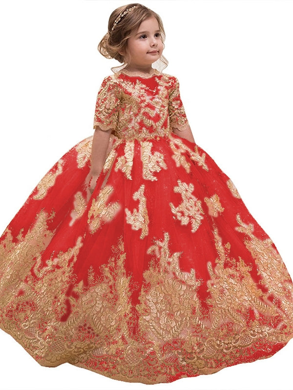 A-Line/Princess Scoop Lace Flower Girl Dresses Half Sleeves Floor-Length With Bowknot Red