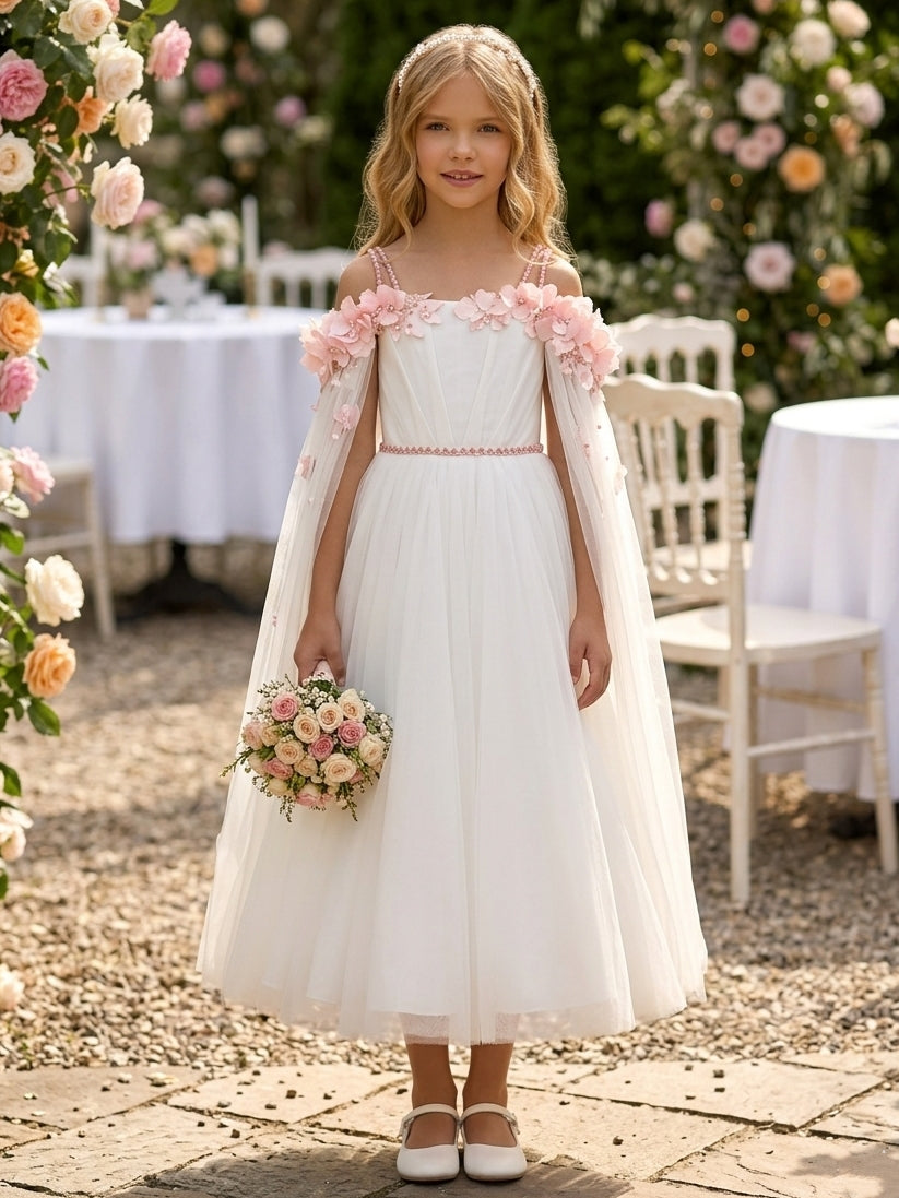 A-Line/Princess Off-the-Shoulder Satin Tulle Flower Girl Dresses Sleeveless Tea-Length With 3D Flowers White