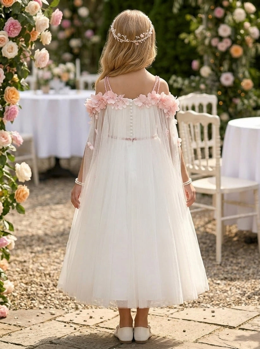 A-Line/Princess Off-the-Shoulder Satin Tulle Flower Girl Dresses Sleeveless Tea-Length With 3D Flowers Black