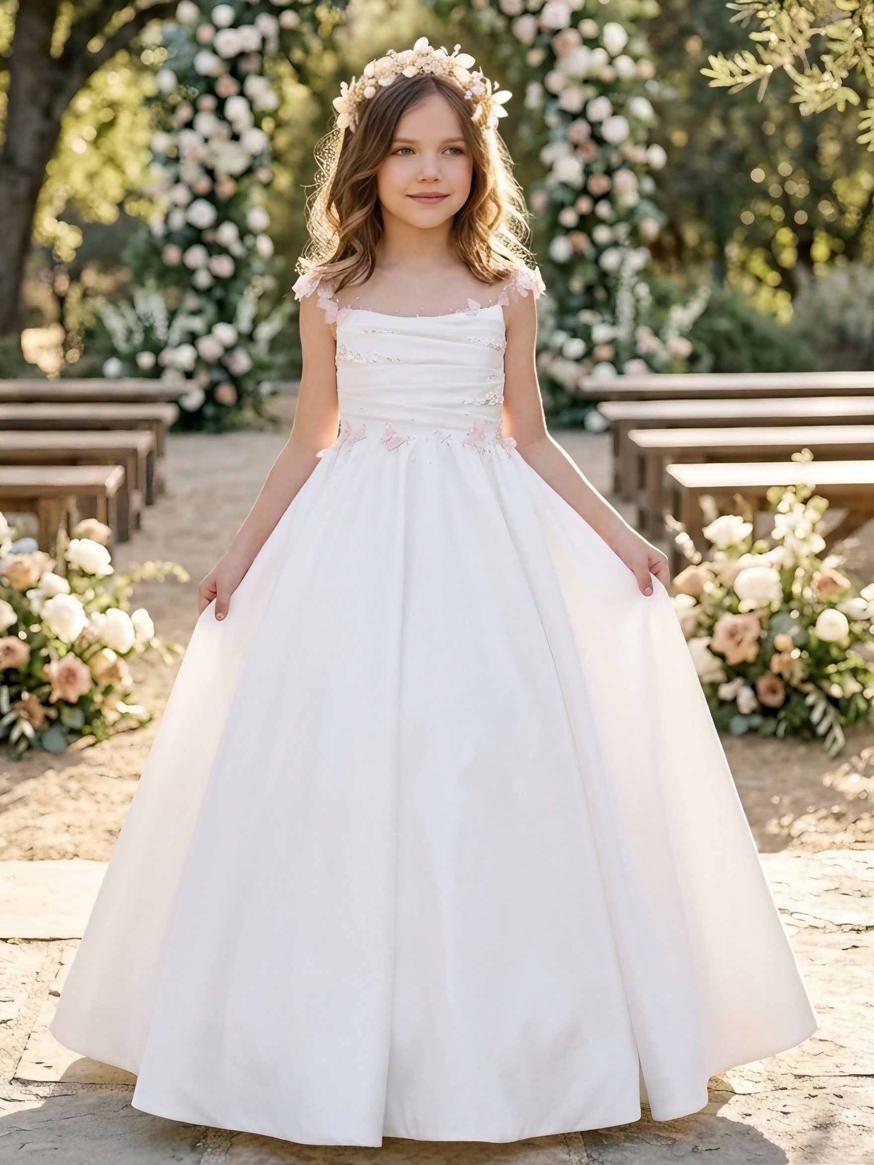 A-Line/Princess Scoop Satin Flower Girl Dresses Sleeveless Floor-Length With Bowknot&3D Flowers Black