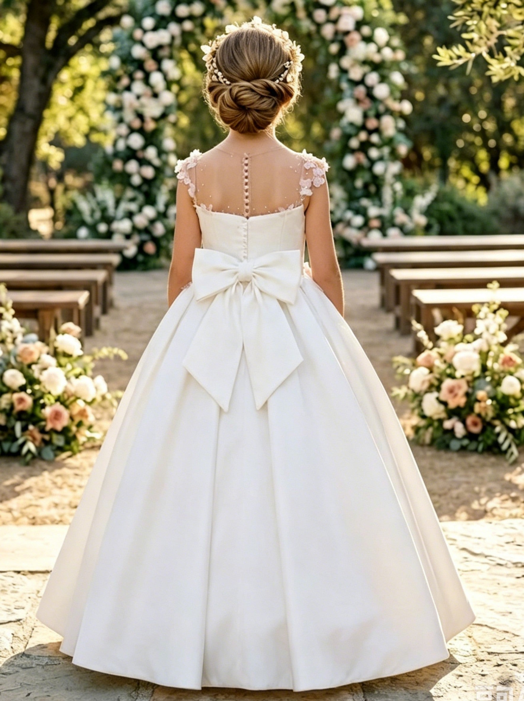 A-Line/Princess Scoop Satin Flower Girl Dresses Sleeveless Floor-Length With Bowknot&3D Flowers White
