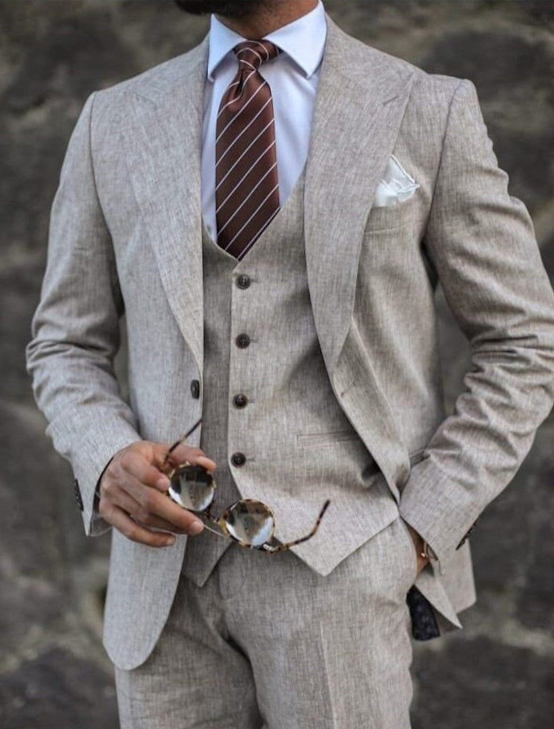 Men's Tailored Fit Single Breasted Two-buttons 3 Pieces Solid Colored Linen Suits Default Title