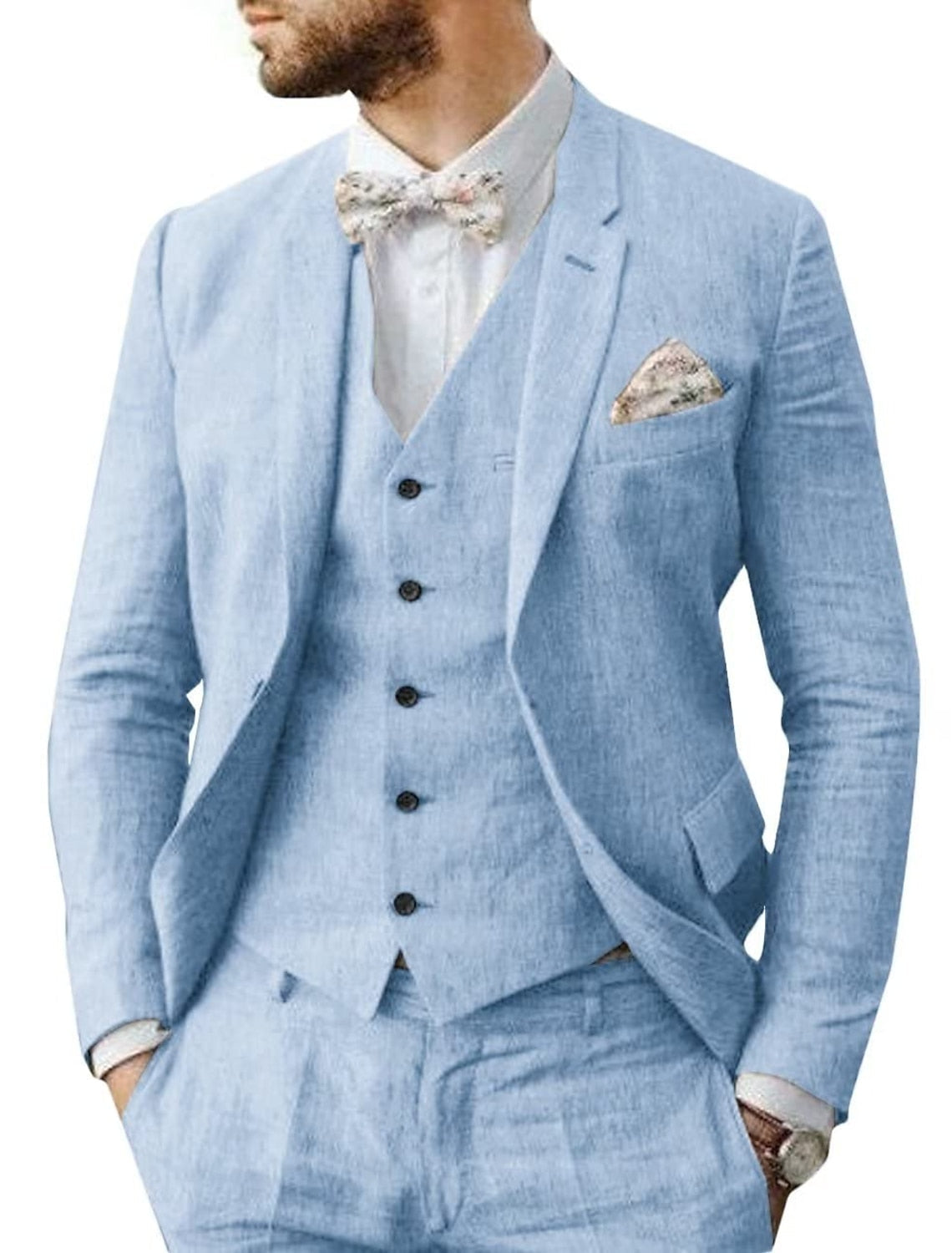 Men's Tailored Fit Single Breasted Two-buttons 3 Pieces Solid Colored Linen Suits Sky Blue