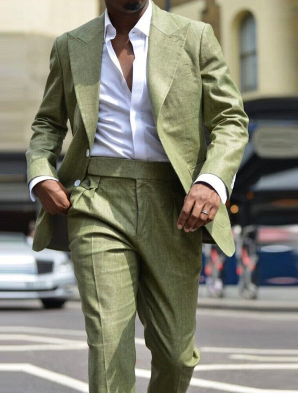 Men's Tailored Fit Single Breasted Two-buttons 2 Pieces Solid Colored Linen Suits Olive Green