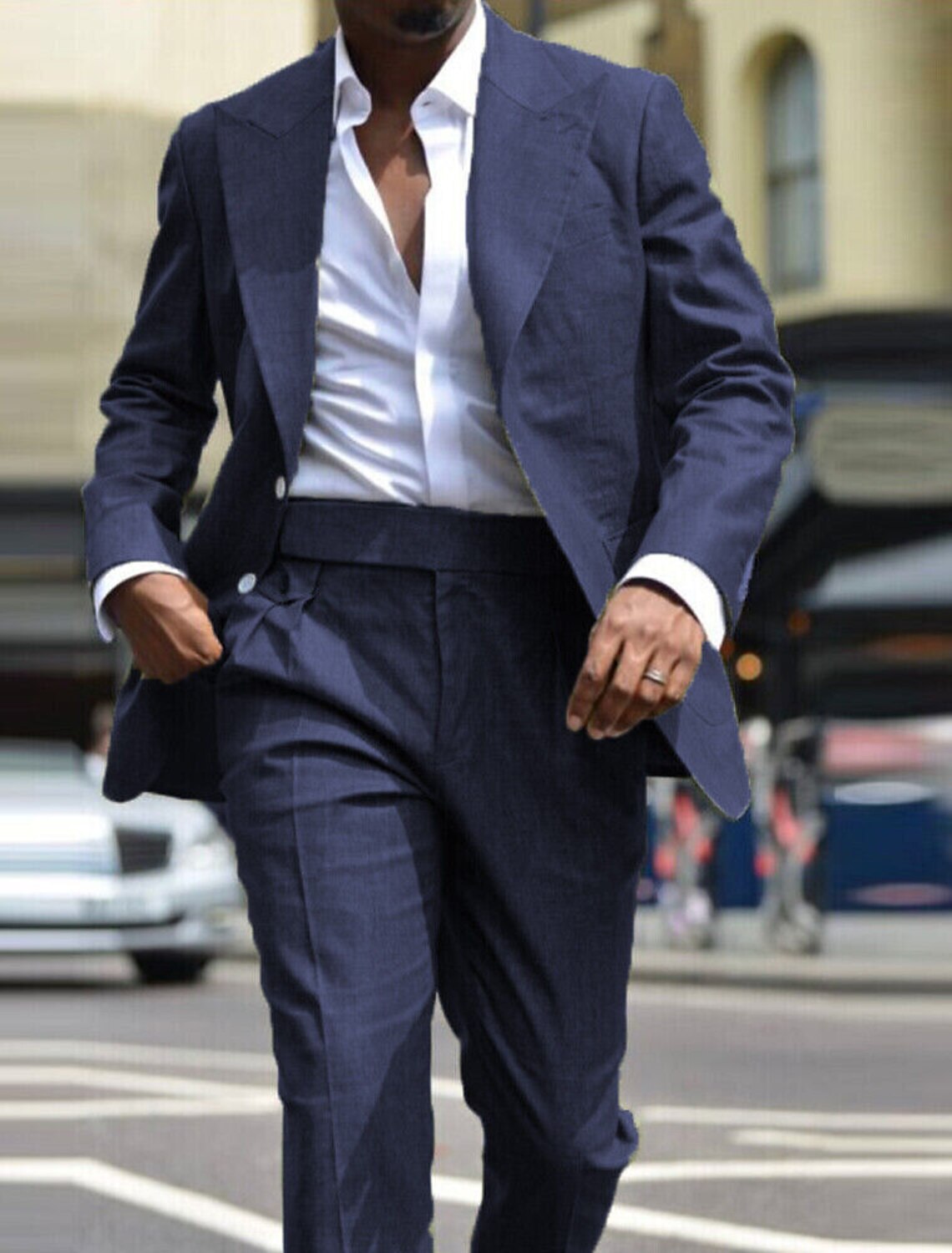 Men's Tailored Fit Single Breasted Two-buttons 2 Pieces Solid Colored Linen Suits Navy Blue