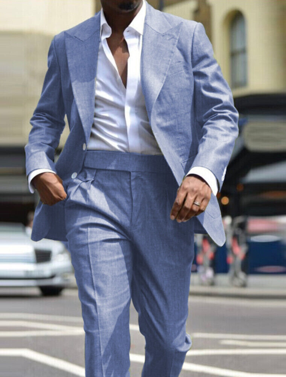 Men's Tailored Fit Single Breasted Two-buttons 2 Pieces Solid Colored Linen Suits Sky Blue