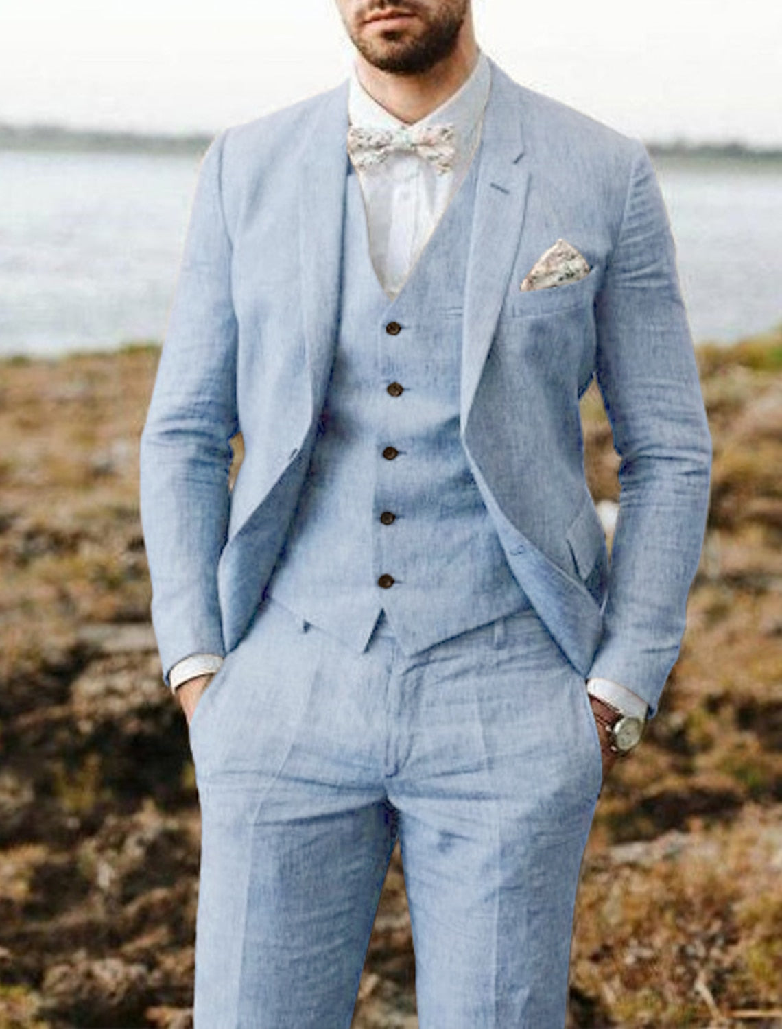 Men's Tailored Fit Single Breasted Two-buttons 3 Pieces Solid Colored Linen Suits Sky Blue
