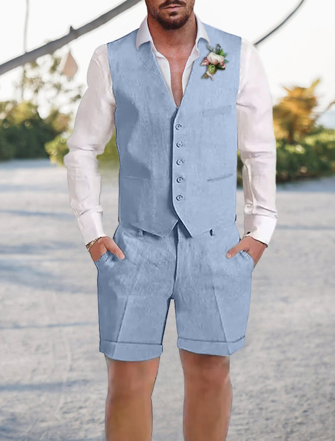 Men's Tailored Fit Single Breasted 2 Pieces Solid Colored Linen Suits Sky Blue