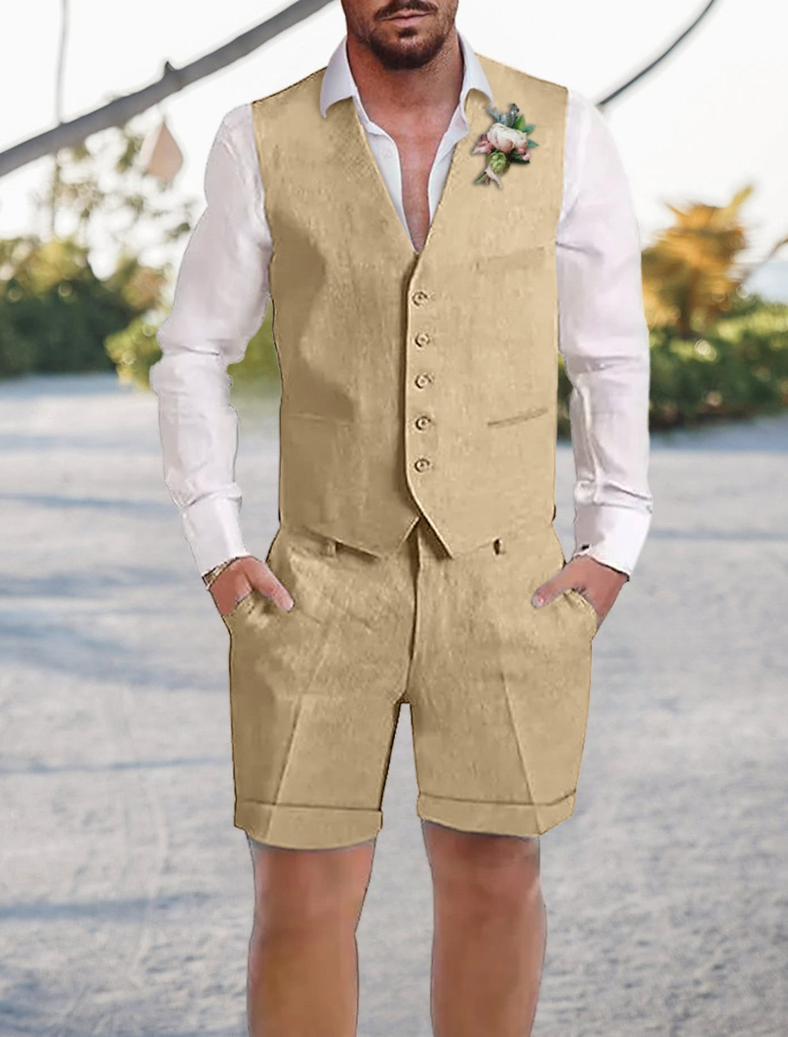 Men's Tailored Fit Single Breasted 2 Pieces Solid Colored Linen Suits Champagne