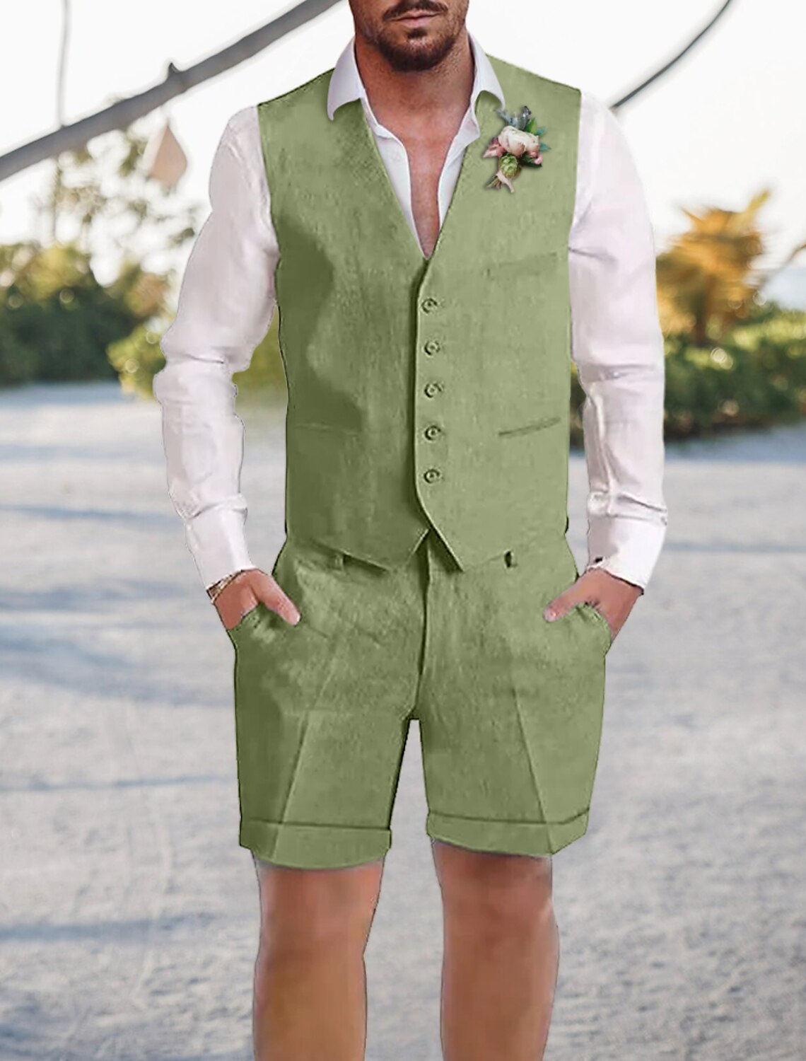 Men's Tailored Fit Single Breasted 2 Pieces Solid Colored Linen Suits Olive Green