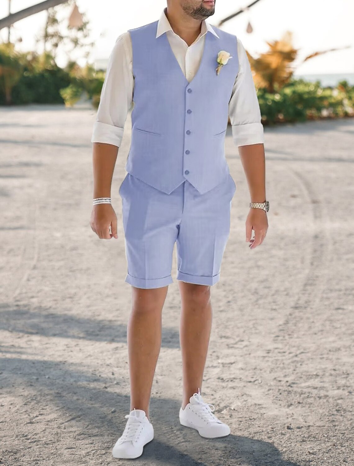 Men's Tailored Fit Single Breasted 2 Pieces Solid Colored Linen Suits Lilac