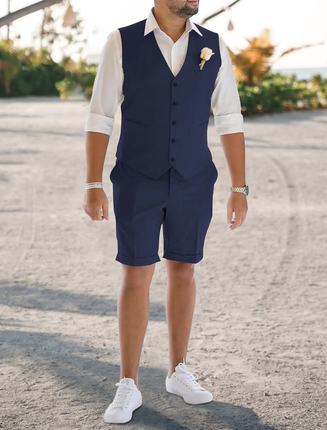 Men's Tailored Fit Single Breasted 2 Pieces Solid Colored Linen Suits Navy Blue