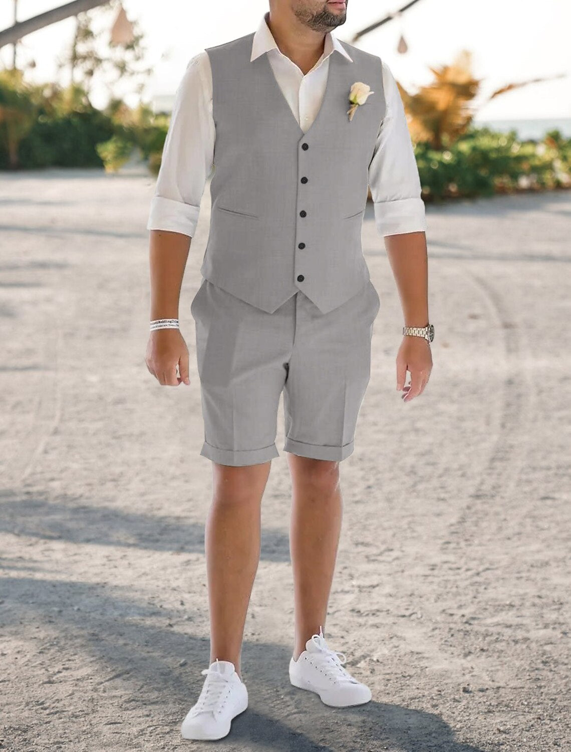 Men's Tailored Fit Single Breasted 2 Pieces Solid Colored Linen Suits Light Gray