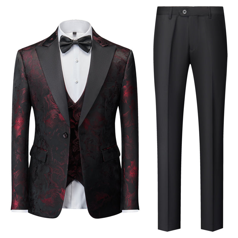 Blue Red Gold Black Men's Tailored Fit Single Breasted One-button 3 Pieces Printed Wedding Suits Burgundy