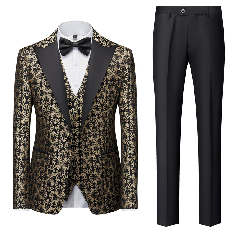 Green Gold Silver Black Men's Tailored Fit Single Breasted One-button 3 Pieces Printed Prom Party Suits Gold