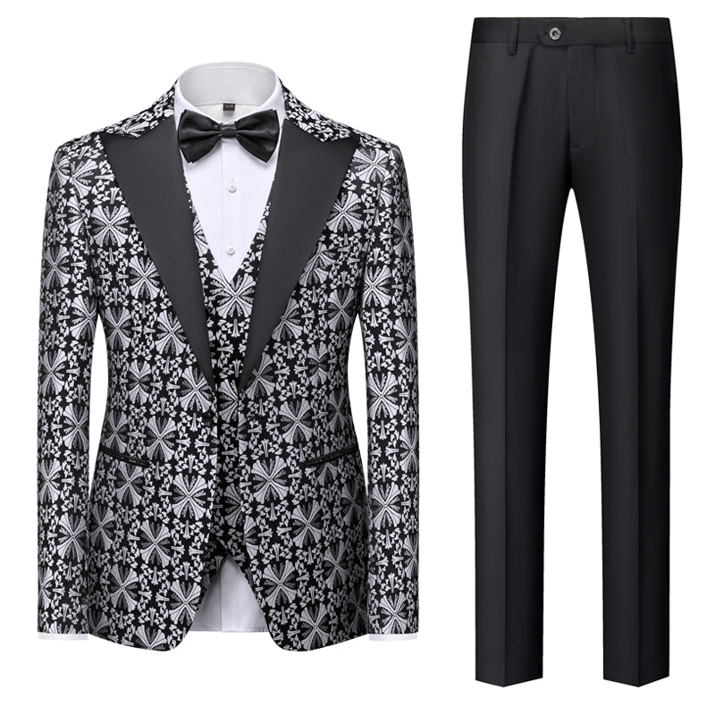 Green Gold Silver Black Men's Tailored Fit Single Breasted One-button 3 Pieces Printed Prom Party Suits Silver
