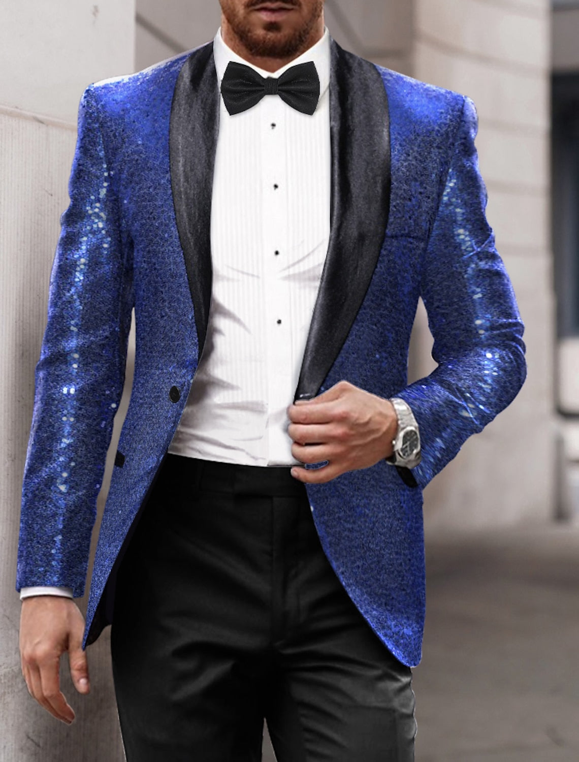 Gold Red Blue Silver Men's Tailored Fit Single Breasted One-button Sequins Party Jacket Royal Blue