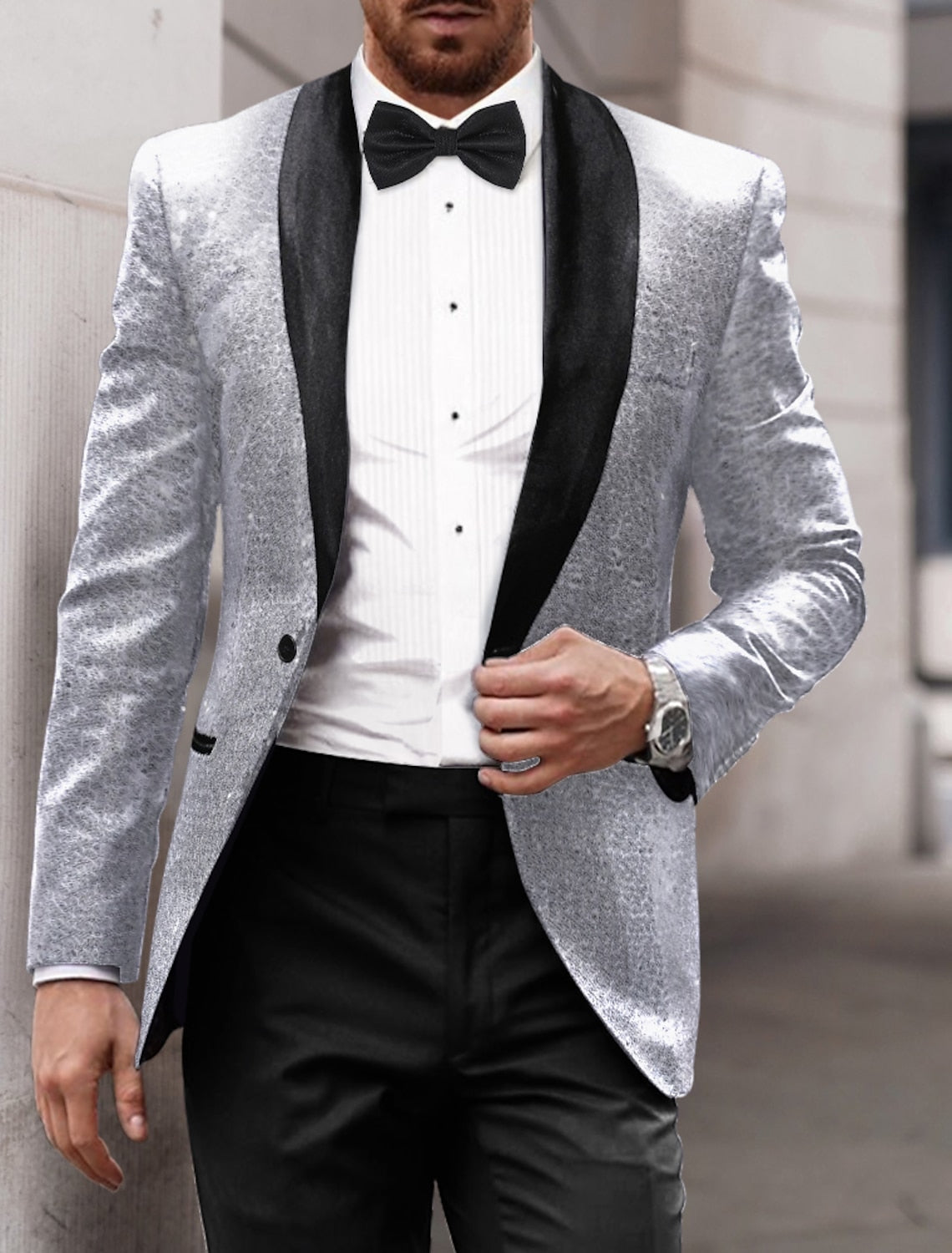 Gold Red Blue Silver Men's Tailored Fit Single Breasted One-button Sequins Party Jacket Silver