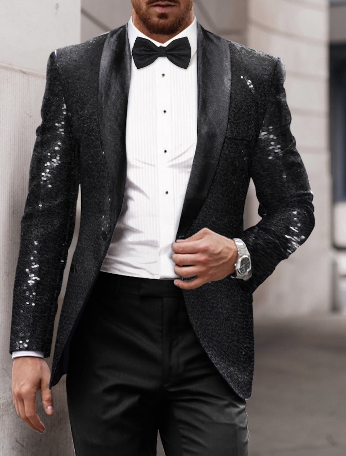 Gold Red Blue Silver Men's Tailored Fit Single Breasted One-button Sequins Party Jacket Black