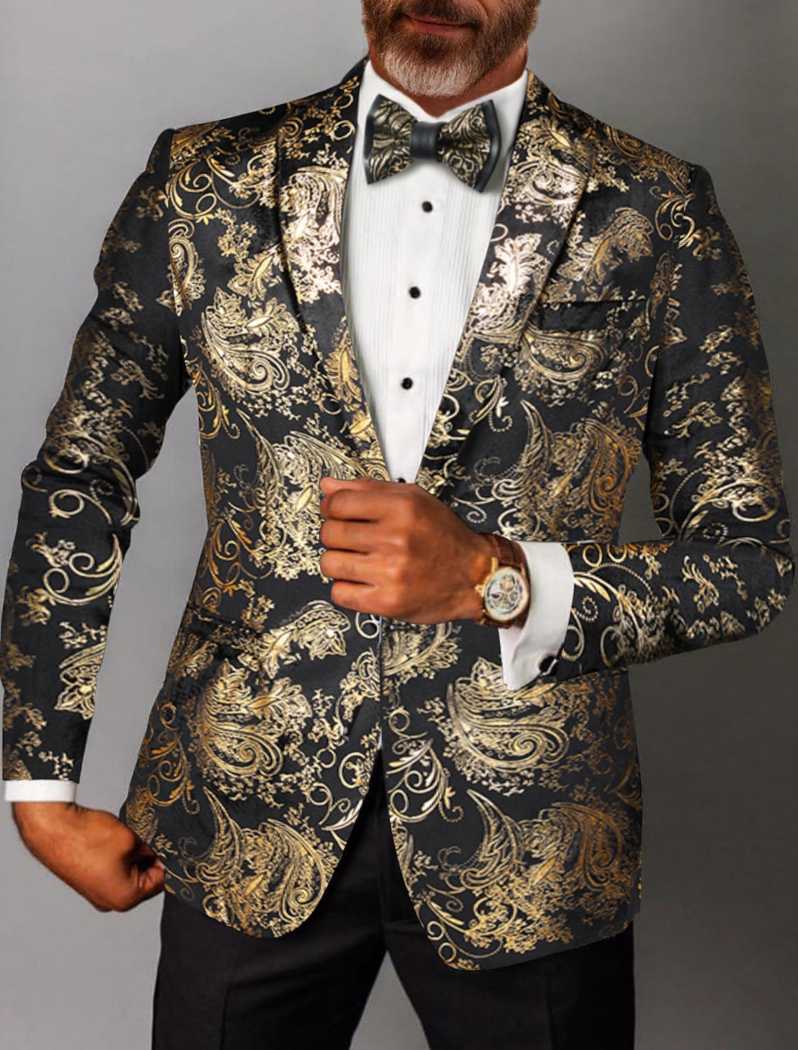 Gold Silver Men's Tailored Fit Single Breasted One-button Printed Party Jacket Gold