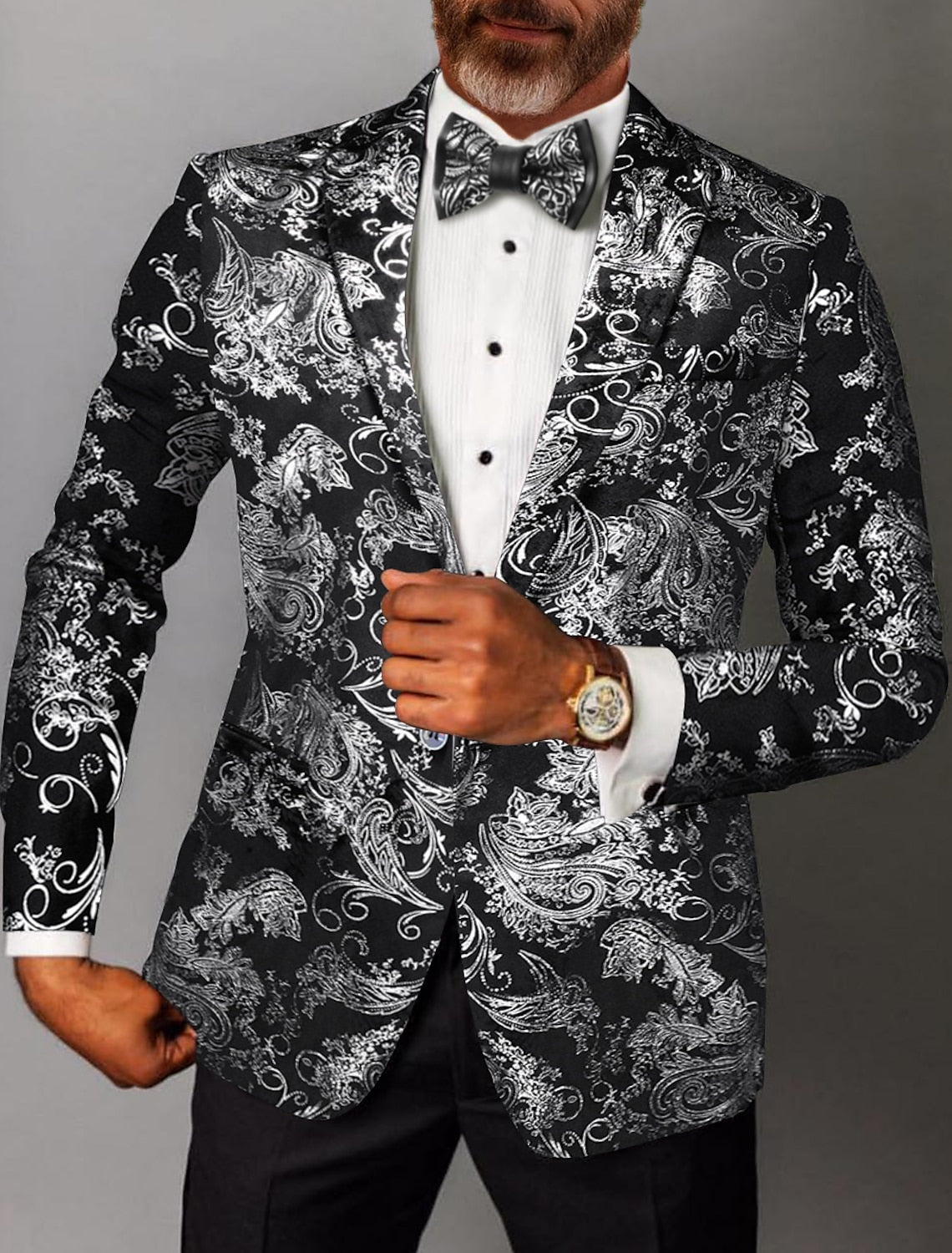 Gold Silver Men's Tailored Fit Single Breasted One-button Printed Party Jacket Silver