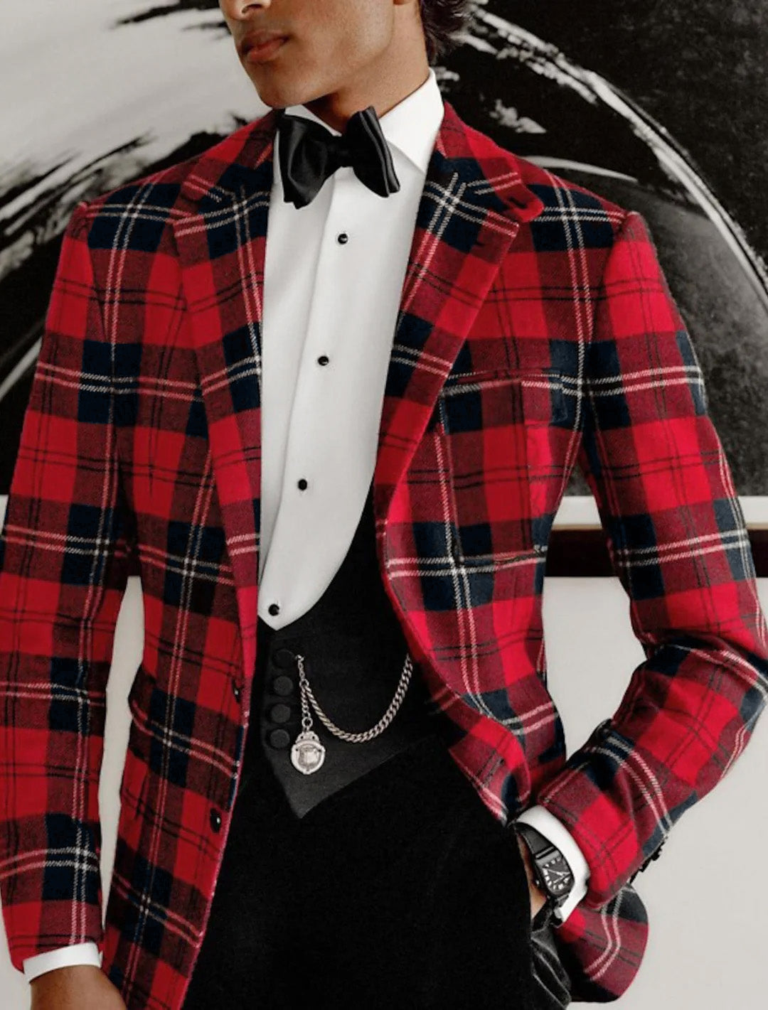 Red Men's Tailored Fit Single Breasted Two-buttons Plaid Casual Jacket Default Title
