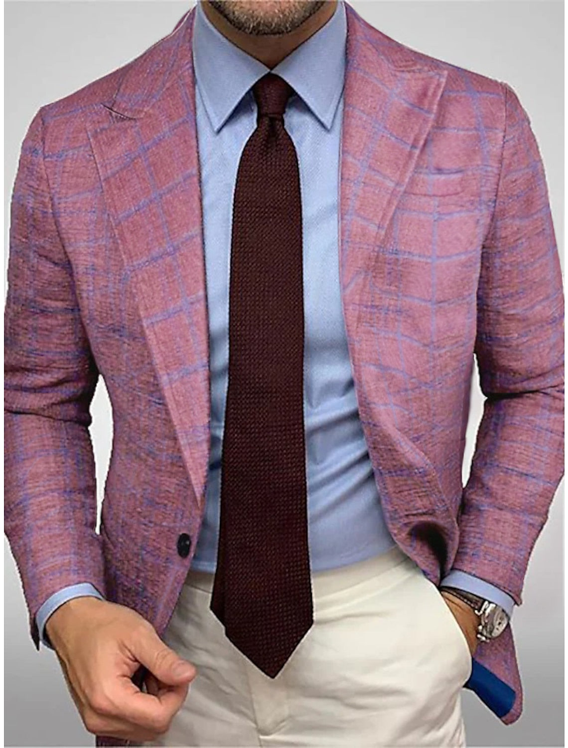 Pink Blue Men's Tailored Fit Single Breasted Two-buttons Plaid Casual Jacket Pink