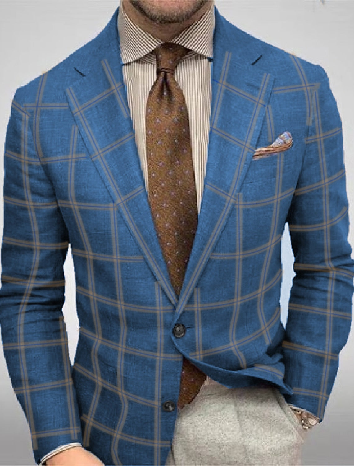 Pink Blue Men's Tailored Fit Single Breasted Two-buttons Plaid Casual Jacket Blue