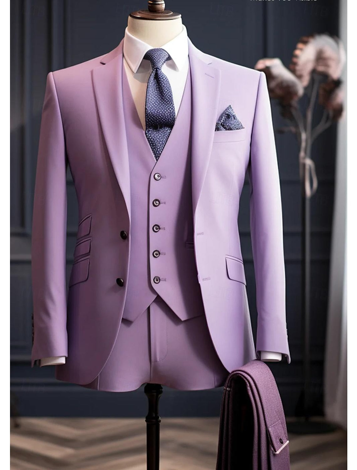 Men's Tailored Fit Single Breasted Two-buttons 3 Pieces Wedding Suits Purple