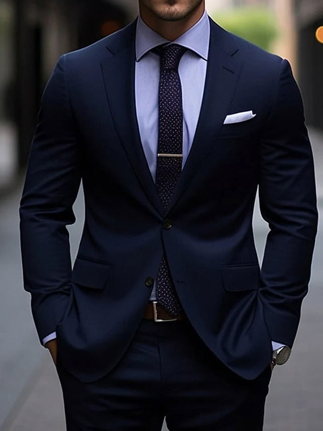 Men's Tailored Fit Single Breasted Two-buttons 2 Pieces Wedding Suits Navy Blue