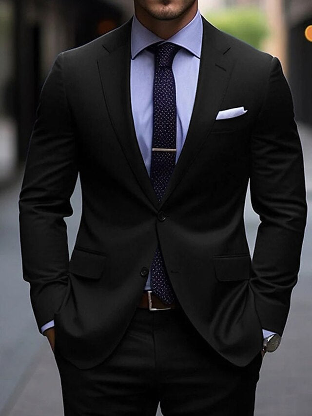 Men's Tailored Fit Single Breasted Two-buttons 2 Pieces Wedding Suits Black