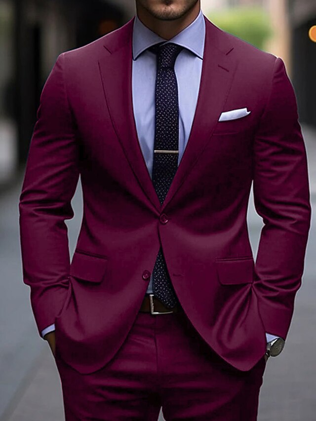 Men's Tailored Fit Single Breasted Two-buttons 2 Pieces Wedding Suits Burgundy