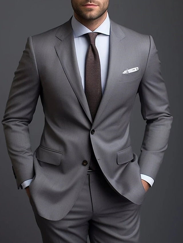 Men's Tailored Fit Single Breasted Two-buttons 2 Pieces Wedding Suits Gray