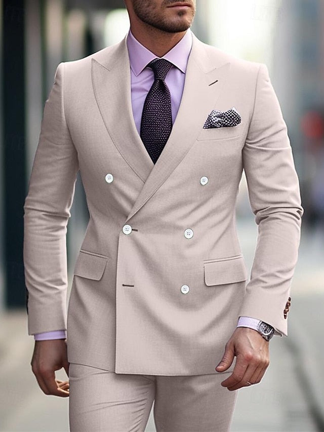 Men's Tailored Fit Double Breasted Six-buttons 2 Pieces Wedding Suits Champagne