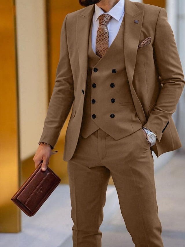 Men's Tailored Fit Single Breasted One-button 3 Pieces Wedding Suits Brown