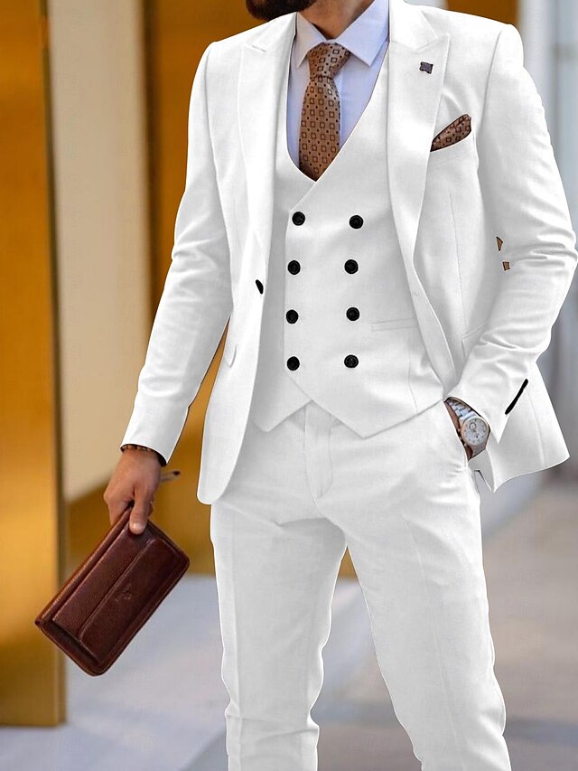 Men's Tailored Fit Single Breasted One-button 3 Pieces Wedding Suits White