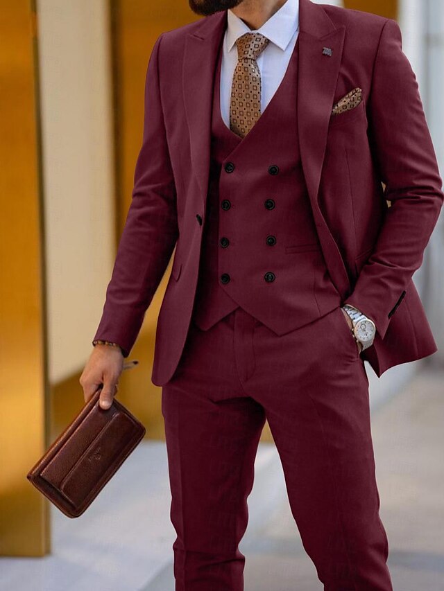 Men's Tailored Fit Single Breasted One-button 3 Pieces Wedding Suits Burgundy