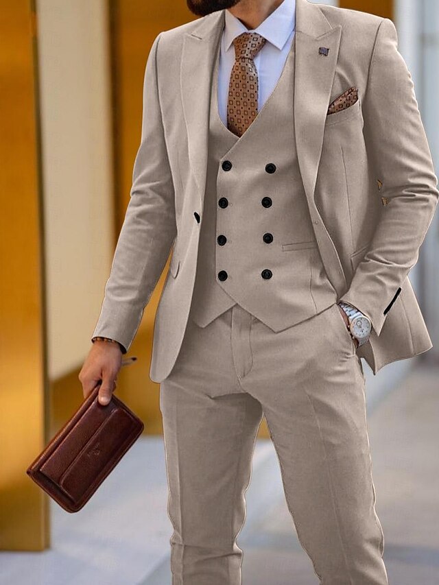 Men's Tailored Fit Single Breasted One-button 3 Pieces Wedding Suits Khaki