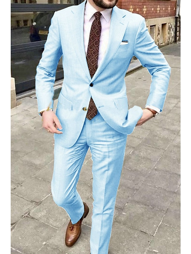 Men's Tailored Fit Single Breasted Two-buttons 2 Pieces Wedding Suits Sky Blue