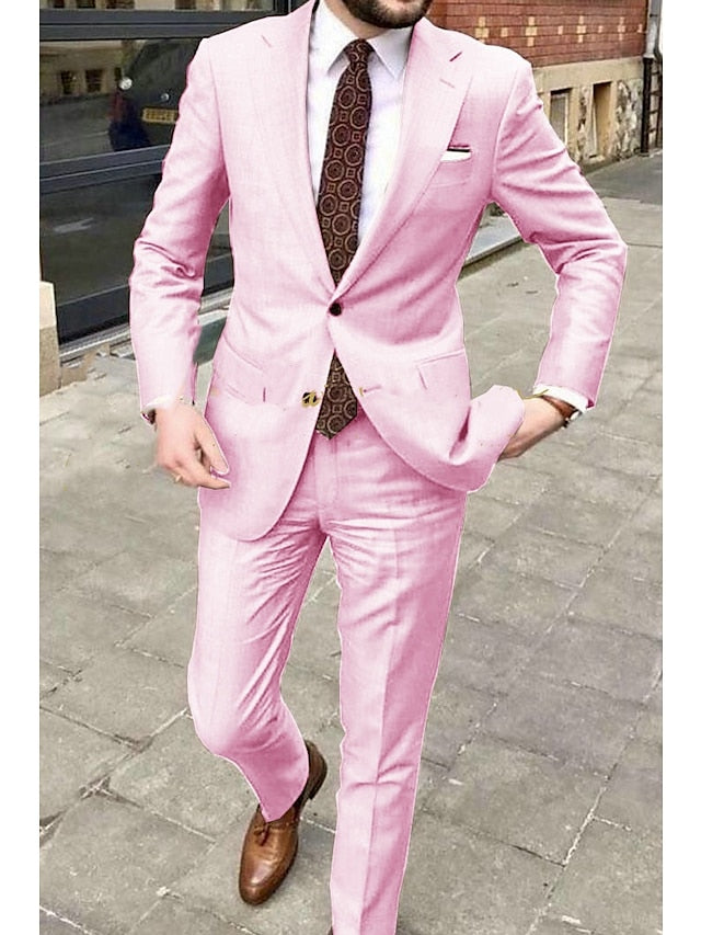 Men's Tailored Fit Single Breasted Two-buttons 2 Pieces Wedding Suits Pink